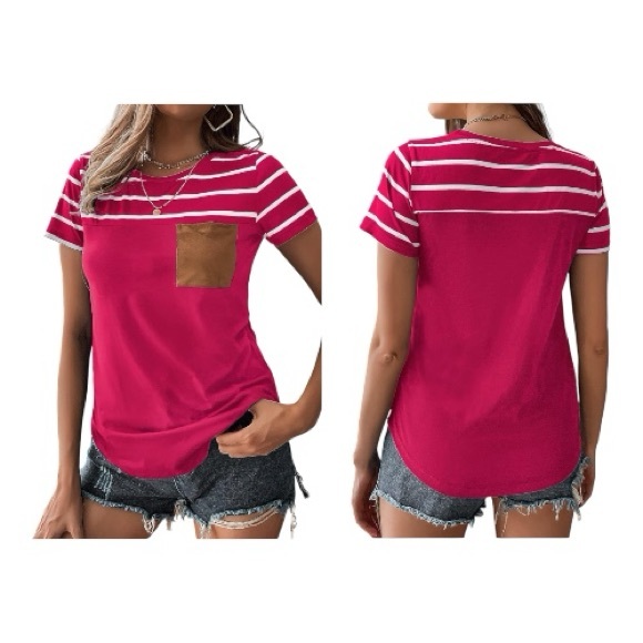 Dreimp Tops - Vibrant Pink Striped Tee with Brown Pocket